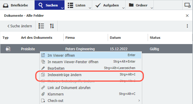 Indexeintrag ändern